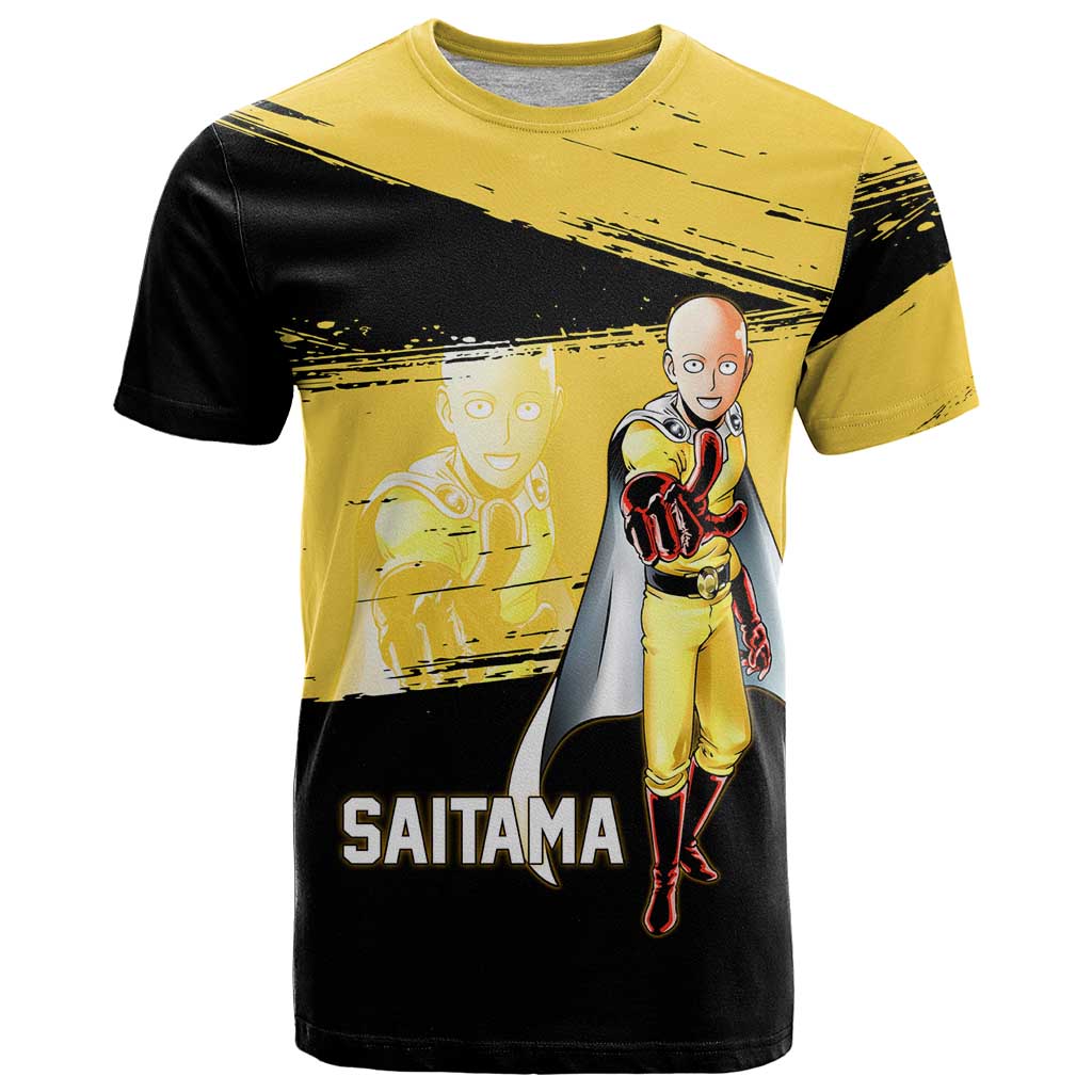 Saitama One Punch Man Anime Yellow and Black Theme T Shirt with Heroic Pose and Dynamic Brushstroke Background - The Mazicc