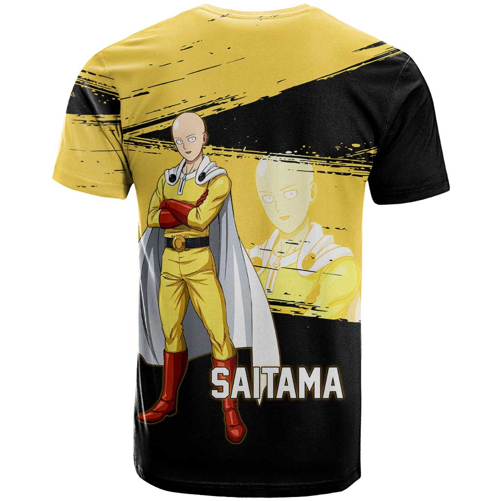 Saitama One Punch Man Anime Yellow and Black Theme T Shirt with Heroic Pose and Dynamic Brushstroke Background - The Mazicc