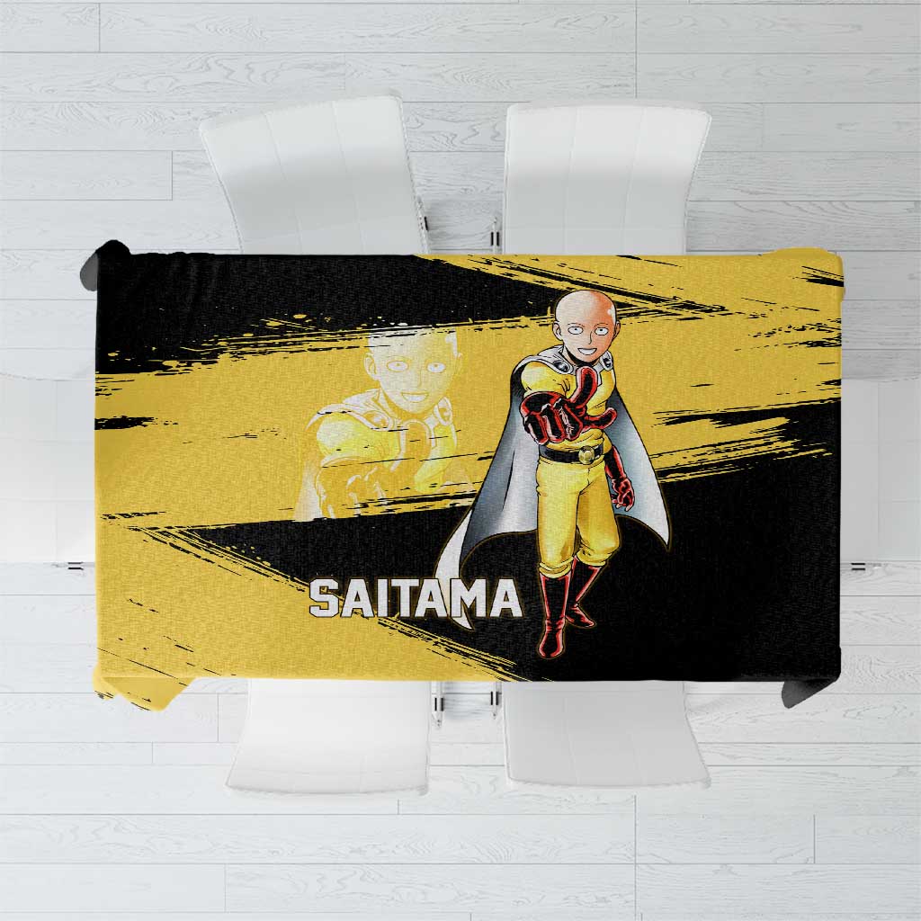 Saitama One Punch Man Anime Yellow and Black Theme Tablecloth with Heroic Pose and Dynamic Brushstroke Background - The Mazicc
