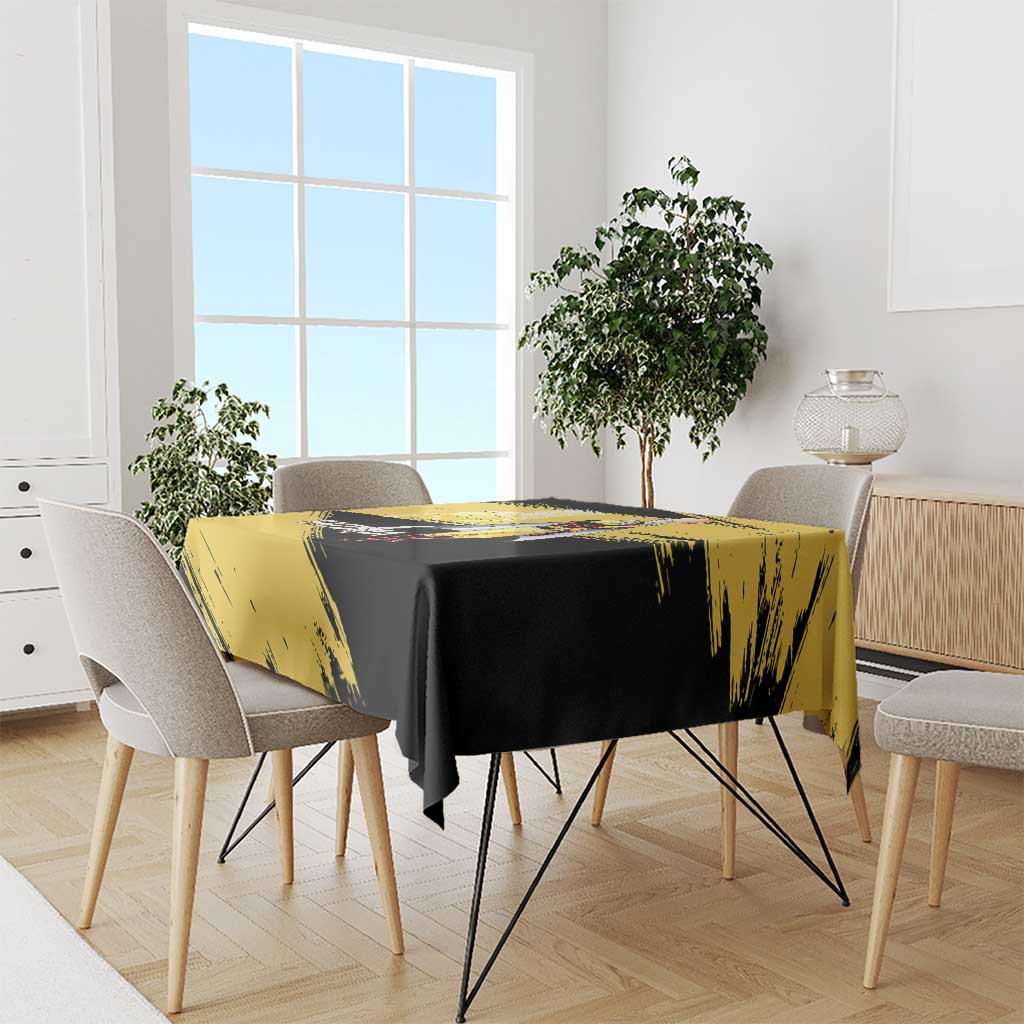 Saitama One Punch Man Anime Yellow and Black Theme Tablecloth with Heroic Pose and Dynamic Brushstroke Background - The Mazicc
