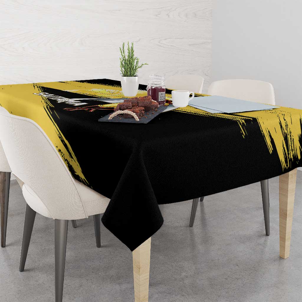 Saitama One Punch Man Anime Yellow and Black Theme Tablecloth with Heroic Pose and Dynamic Brushstroke Background - The Mazicc