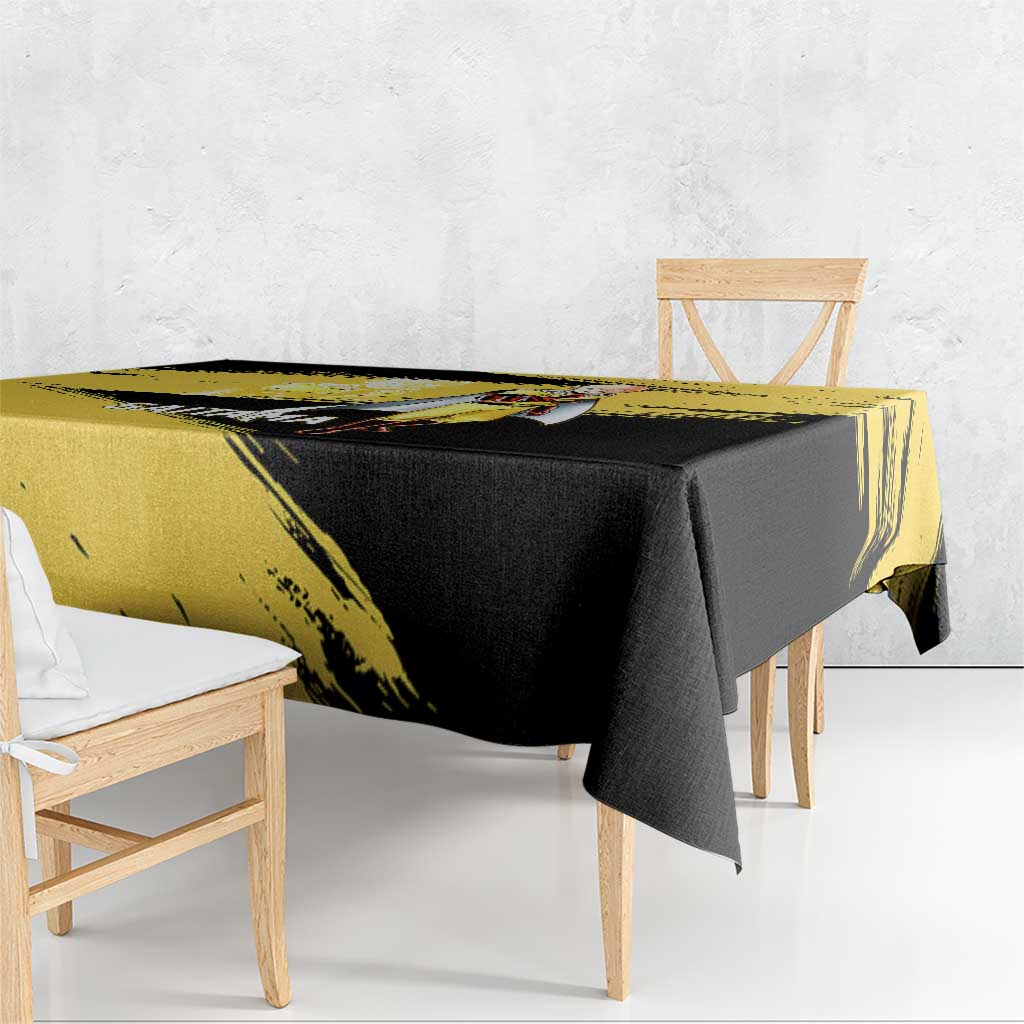 Saitama One Punch Man Anime Yellow and Black Theme Tablecloth with Heroic Pose and Dynamic Brushstroke Background - The Mazicc
