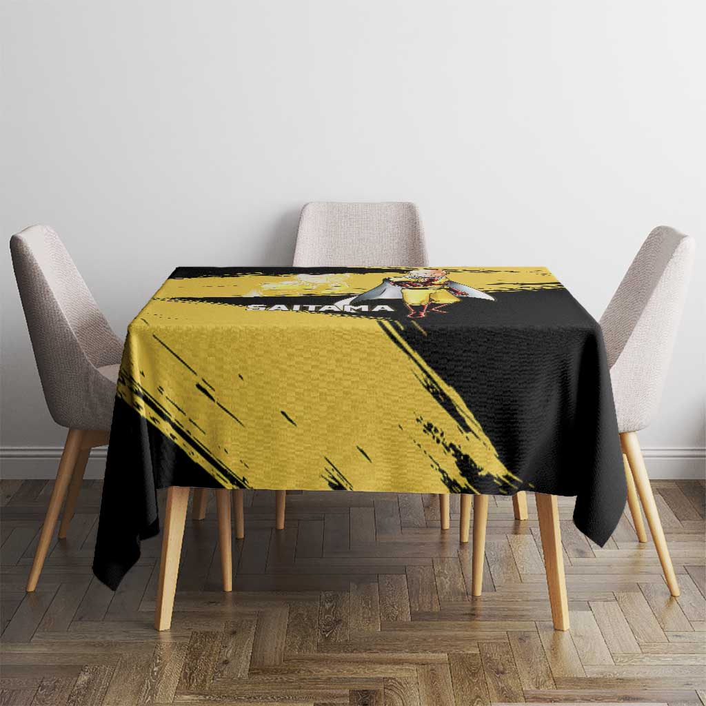 Saitama One Punch Man Anime Yellow and Black Theme Tablecloth with Heroic Pose and Dynamic Brushstroke Background - The Mazicc