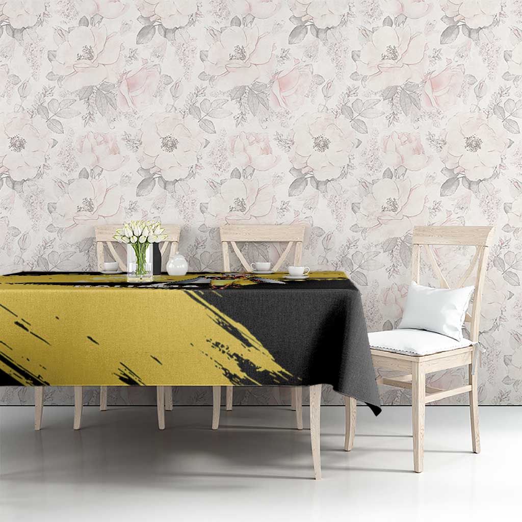 Saitama One Punch Man Anime Yellow and Black Theme Tablecloth with Heroic Pose and Dynamic Brushstroke Background - The Mazicc