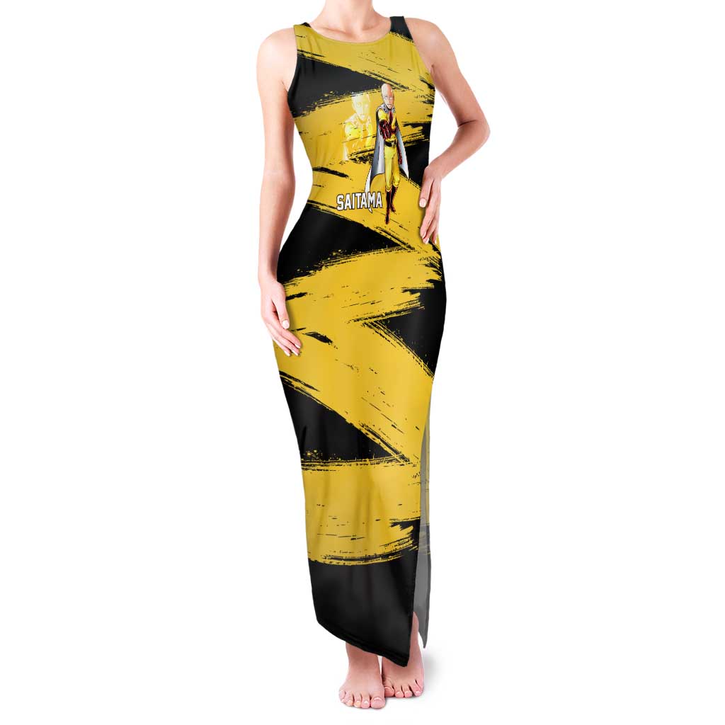 Saitama One Punch Man Anime Yellow and Black Theme Tank Maxi Dress with Heroic Pose and Dynamic Brushstroke Background - The Mazicc