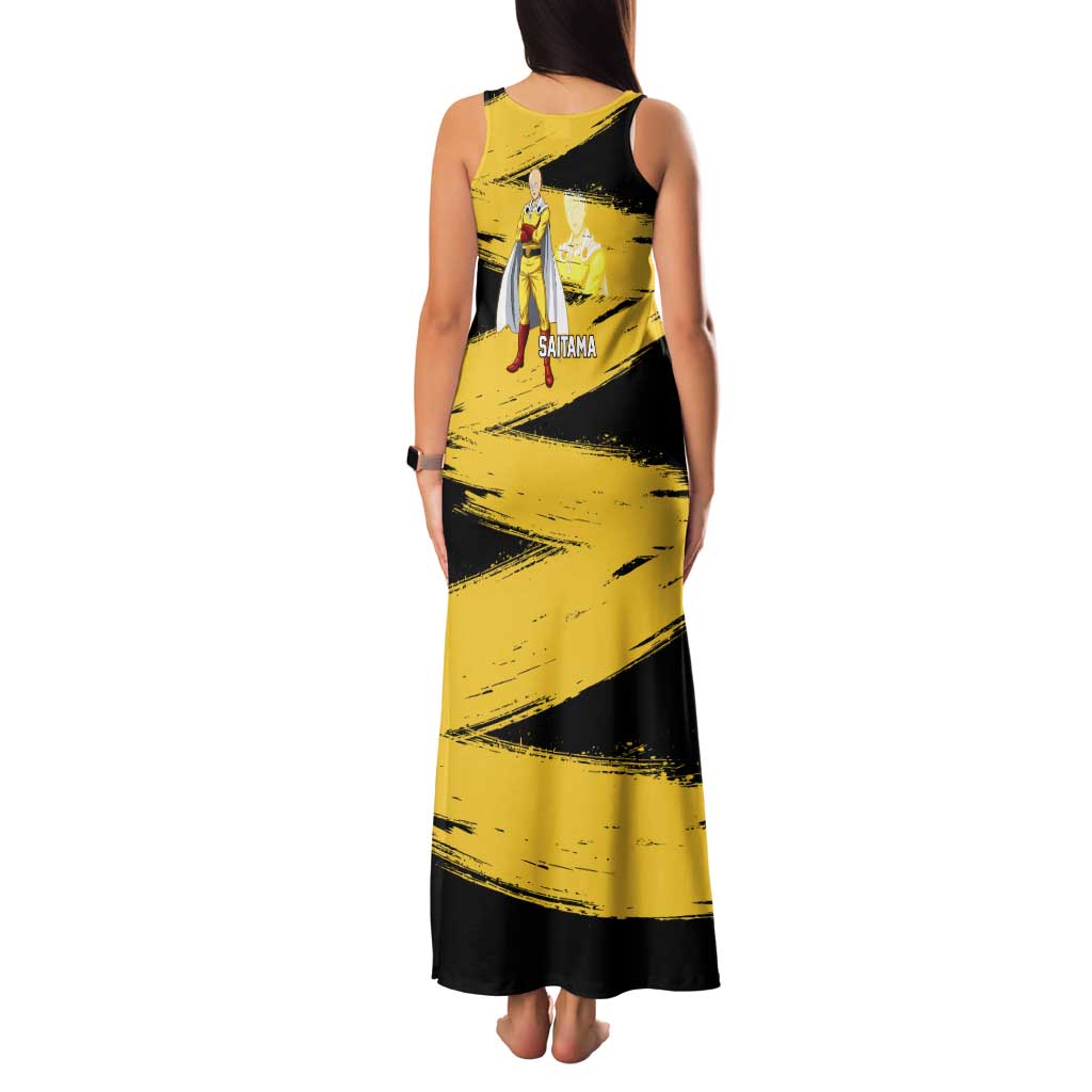 Saitama One Punch Man Anime Yellow and Black Theme Tank Maxi Dress with Heroic Pose and Dynamic Brushstroke Background - The Mazicc