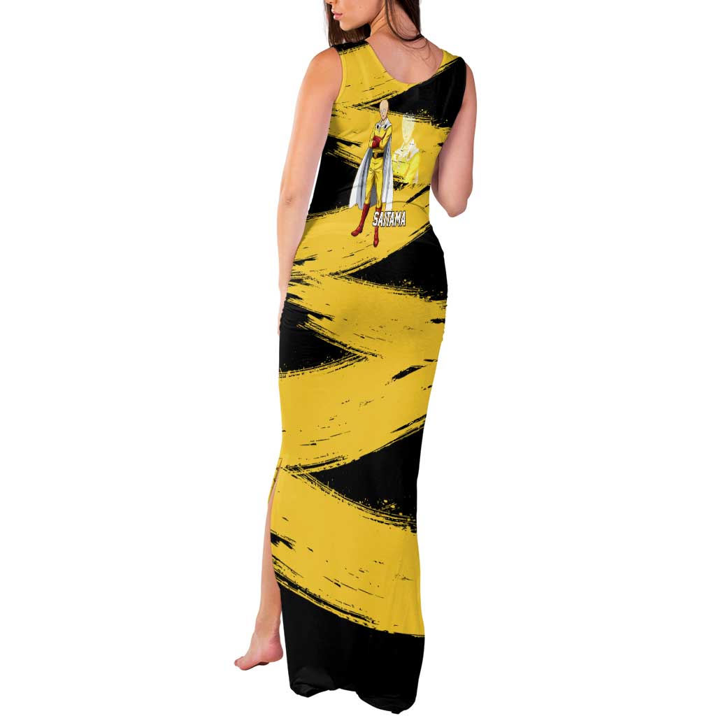 Saitama One Punch Man Anime Yellow and Black Theme Tank Maxi Dress with Heroic Pose and Dynamic Brushstroke Background - The Mazicc