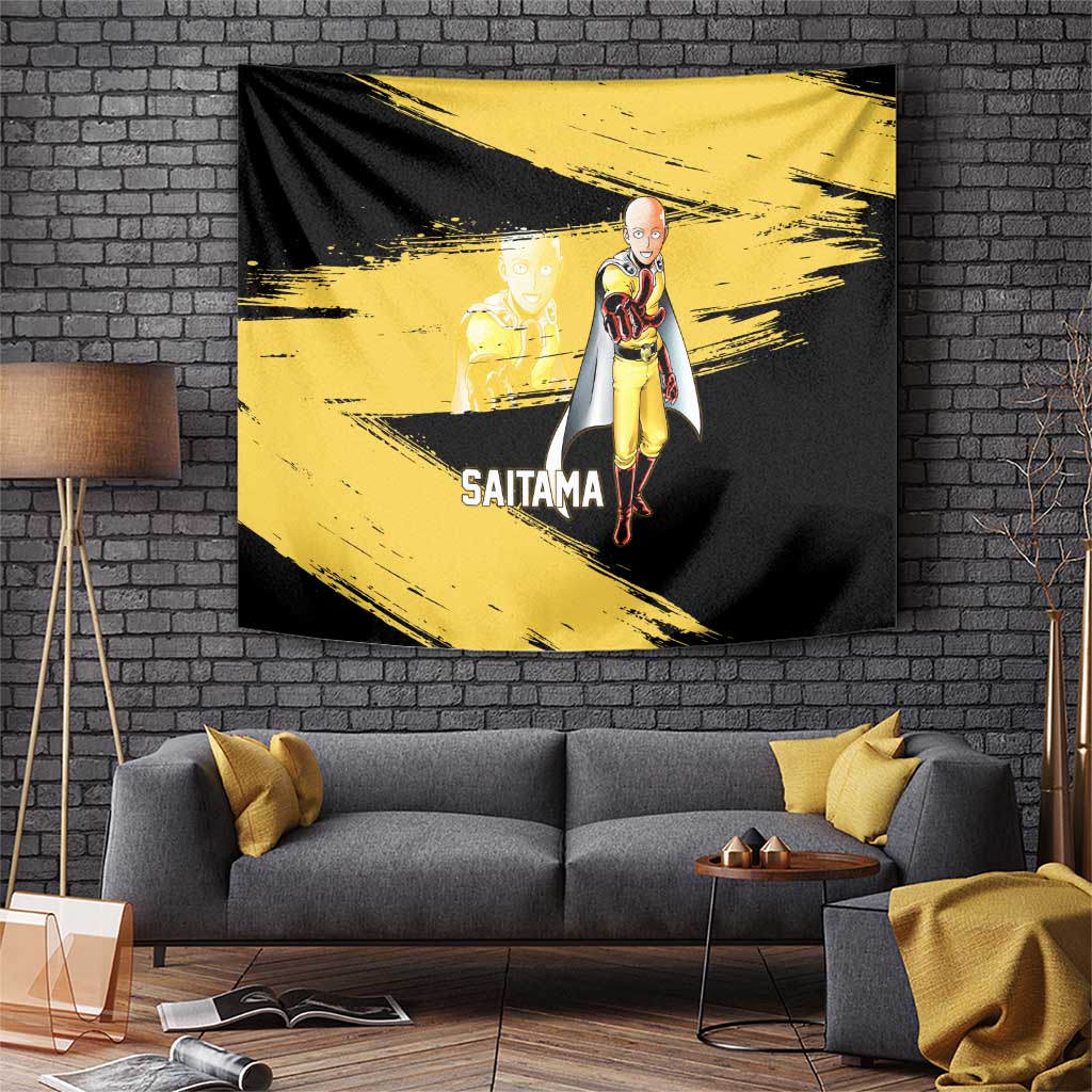 Saitama One Punch Man Anime Yellow and Black Theme Tapestry with Heroic Pose and Dynamic Brushstroke Background - The Mazicc