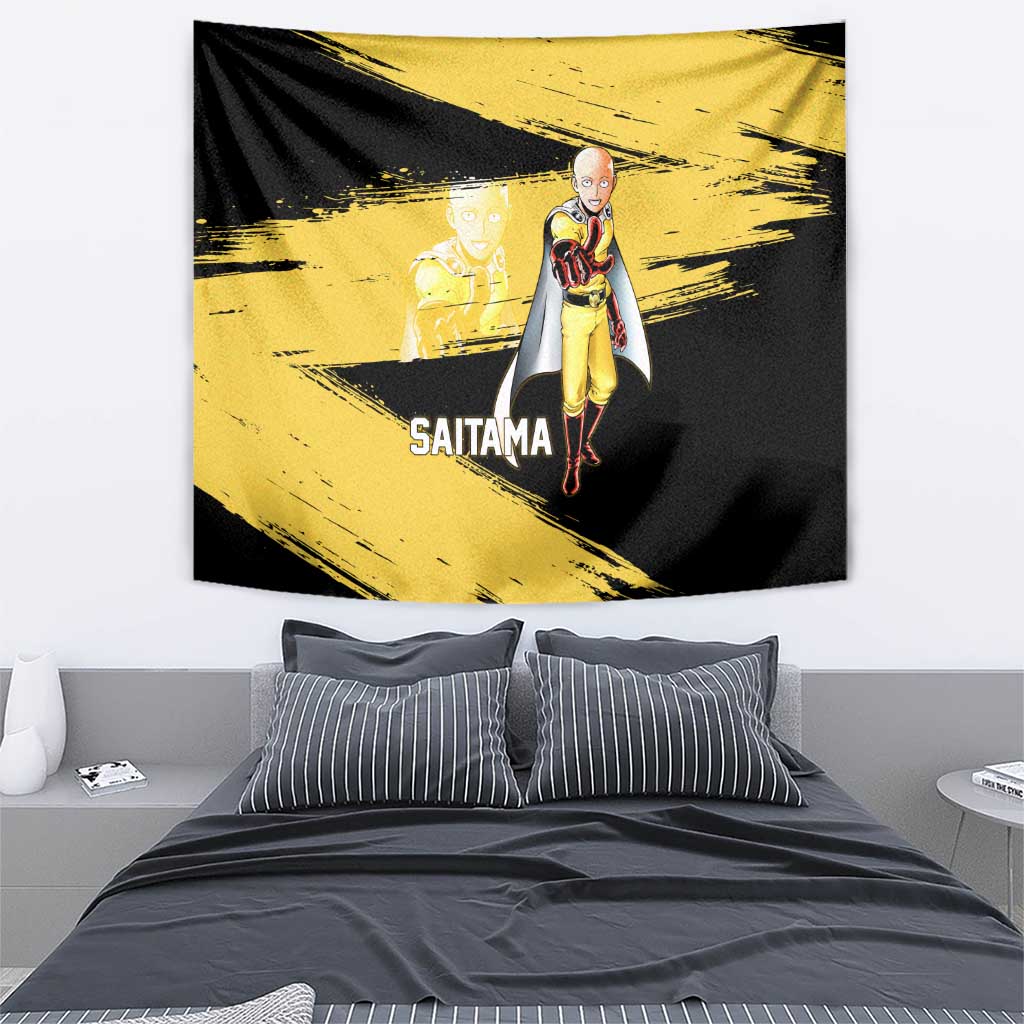 Saitama One Punch Man Anime Yellow and Black Theme Tapestry with Heroic Pose and Dynamic Brushstroke Background - The Mazicc
