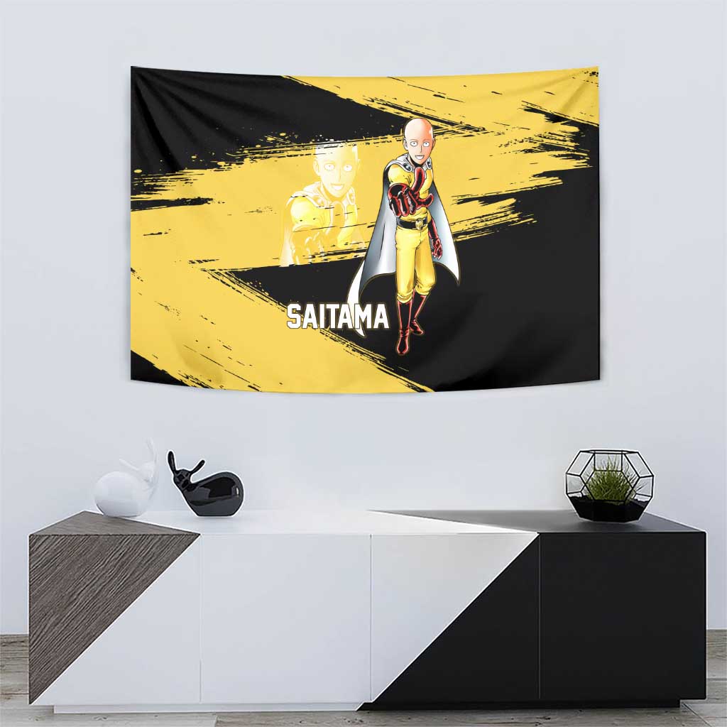 Saitama One Punch Man Anime Yellow and Black Theme Tapestry with Heroic Pose and Dynamic Brushstroke Background - The Mazicc