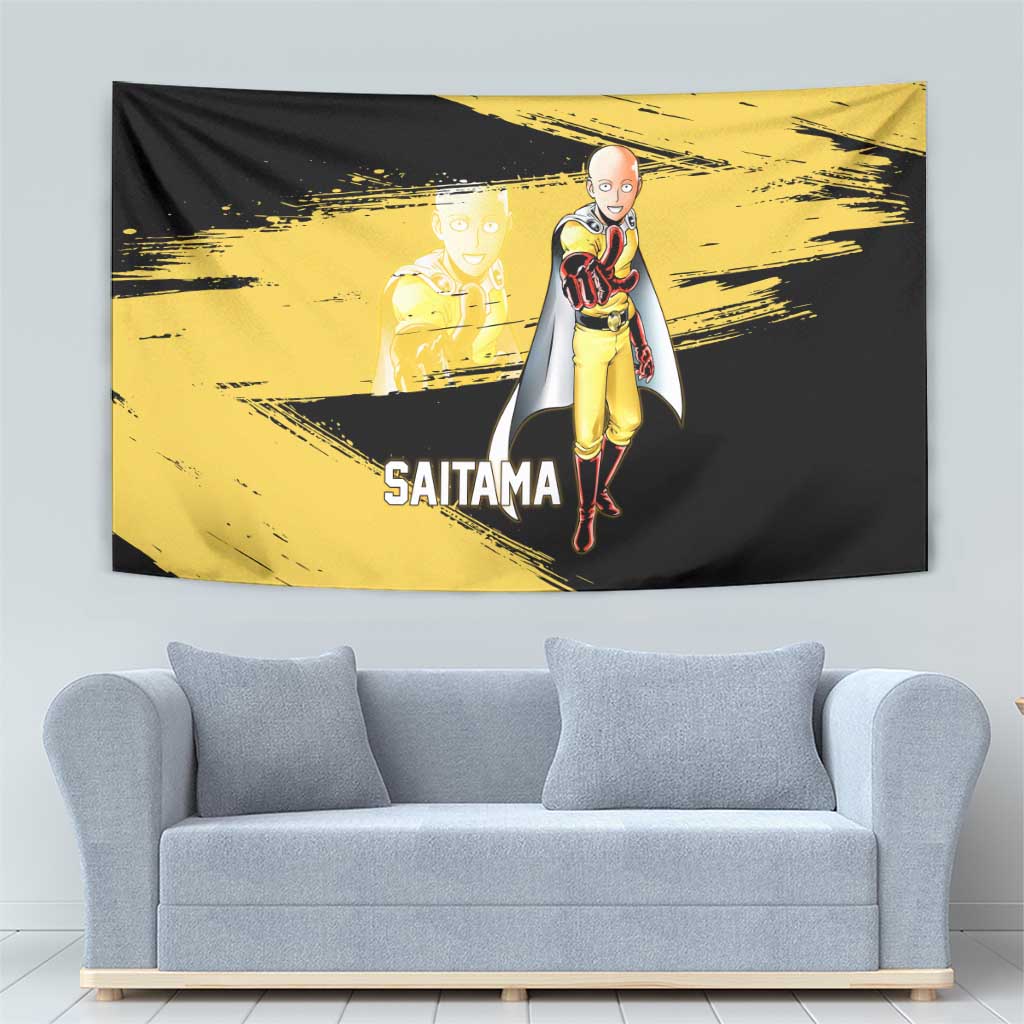 Saitama One Punch Man Anime Yellow and Black Theme Tapestry with Heroic Pose and Dynamic Brushstroke Background - The Mazicc