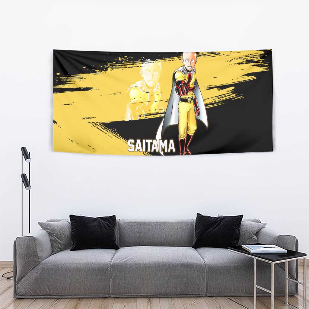 Saitama One Punch Man Anime Yellow and Black Theme Tapestry with Heroic Pose and Dynamic Brushstroke Background - The Mazicc