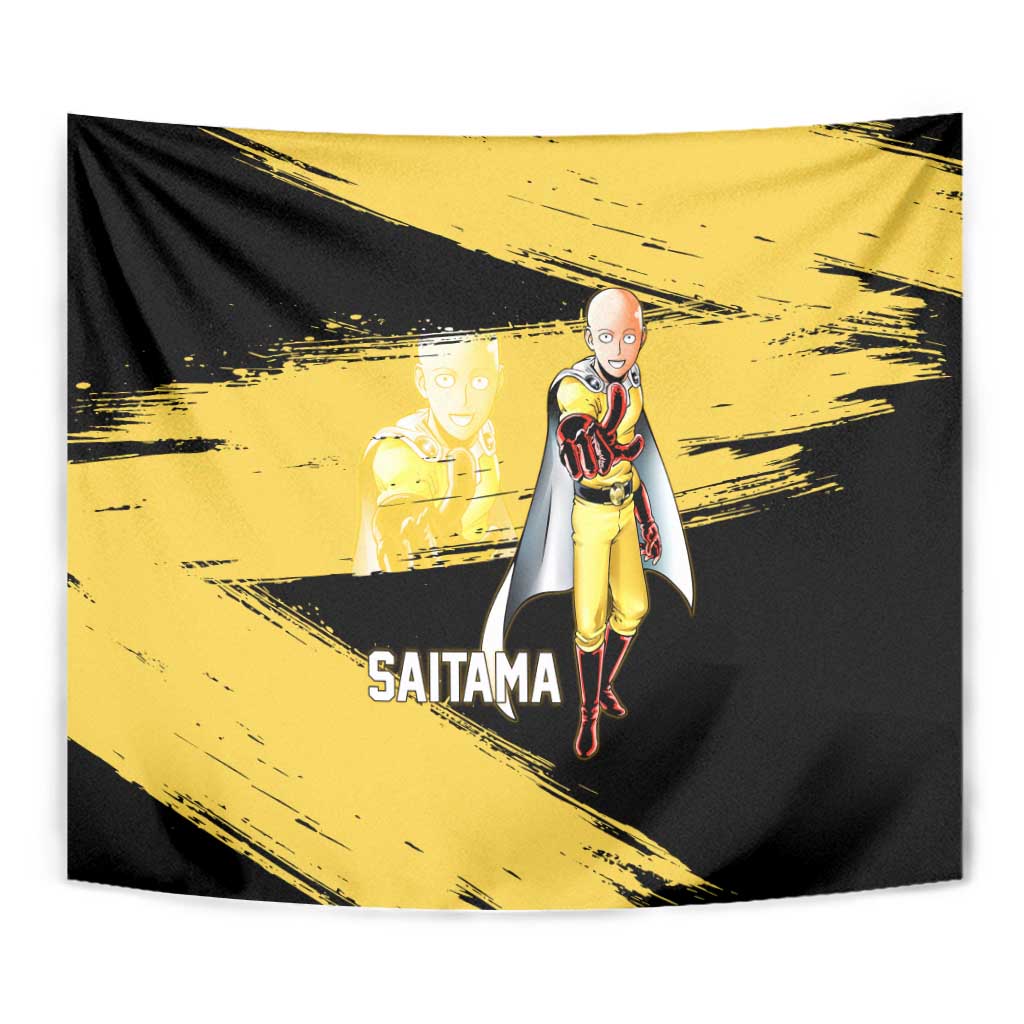Saitama One Punch Man Anime Yellow and Black Theme Tapestry with Heroic Pose and Dynamic Brushstroke Background - The Mazicc
