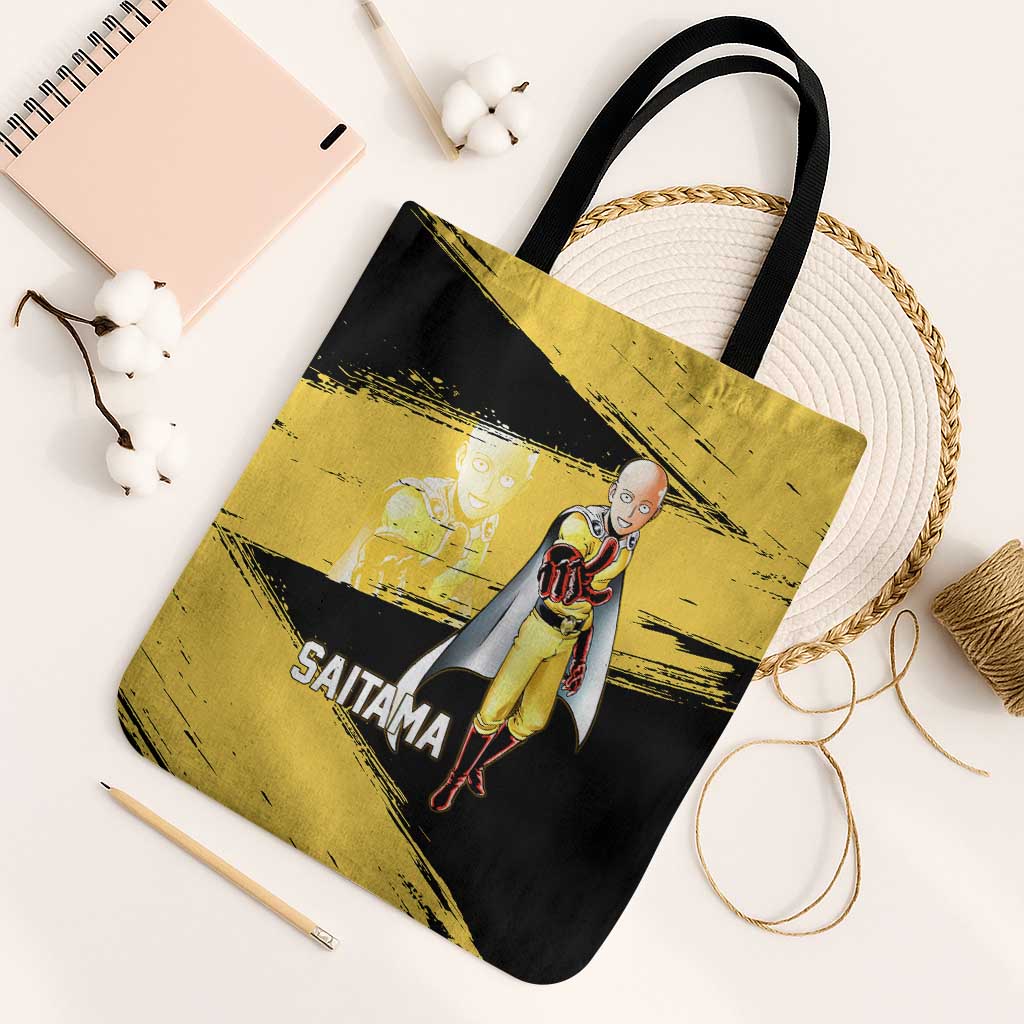 Saitama One Punch Man Anime Yellow and Black Theme Tote Bag with Heroic Pose and Dynamic Brushstroke Background - The Mazicc