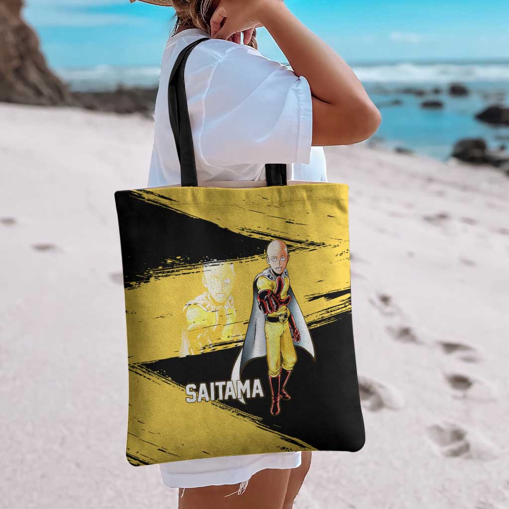 Saitama One Punch Man Anime Yellow and Black Theme Tote Bag with Heroic Pose and Dynamic Brushstroke Background - The Mazicc