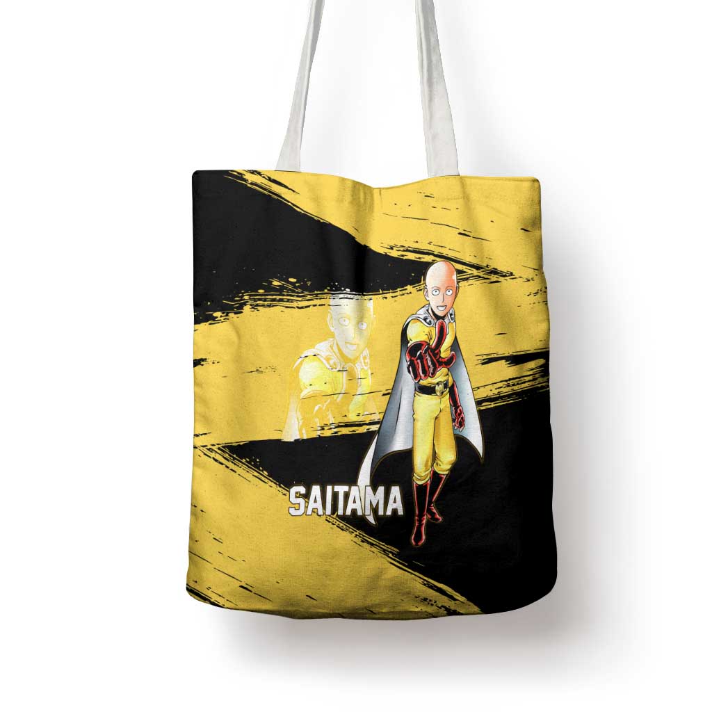 Saitama One Punch Man Anime Yellow and Black Theme Tote Bag with Heroic Pose and Dynamic Brushstroke Background - The Mazicc
