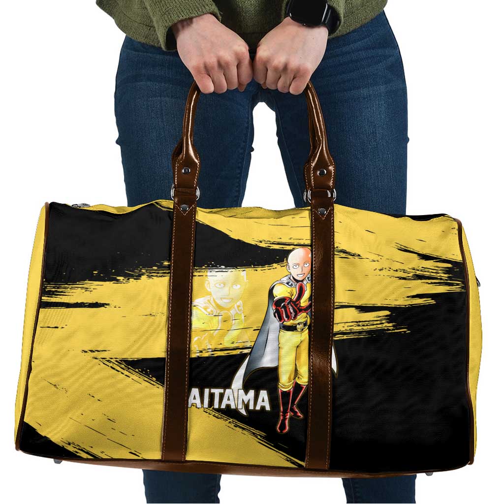Saitama One Punch Man Anime Yellow and Black Theme Travel Bag with Heroic Pose and Dynamic Brushstroke Background - The Mazicc