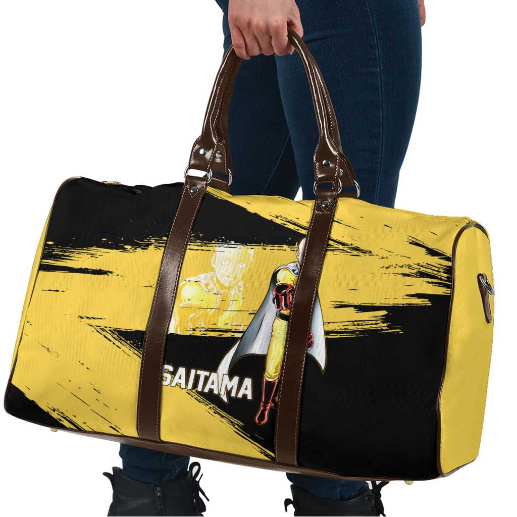 Saitama One Punch Man Anime Yellow and Black Theme Travel Bag with Heroic Pose and Dynamic Brushstroke Background - The Mazicc