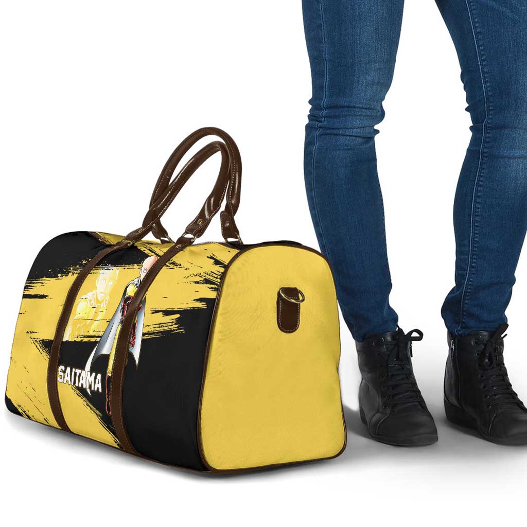 Saitama One Punch Man Anime Yellow and Black Theme Travel Bag with Heroic Pose and Dynamic Brushstroke Background - The Mazicc