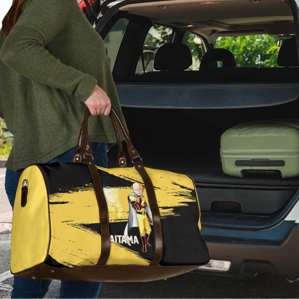 Saitama One Punch Man Anime Yellow and Black Theme Travel Bag with Heroic Pose and Dynamic Brushstroke Background - The Mazicc