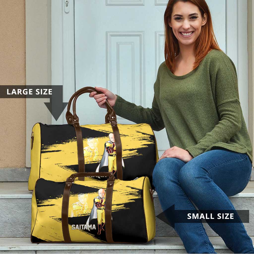 Saitama One Punch Man Anime Yellow and Black Theme Travel Bag with Heroic Pose and Dynamic Brushstroke Background - The Mazicc
