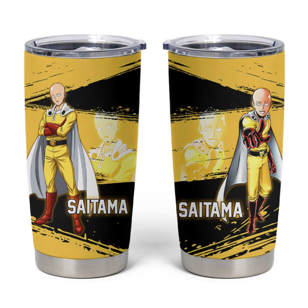 Saitama One Punch Man Anime Yellow and Black Theme Tumbler Cup with Heroic Pose and Dynamic Brushstroke Background - The Mazicc