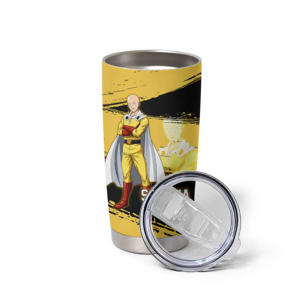 Saitama One Punch Man Anime Yellow and Black Theme Tumbler Cup with Heroic Pose and Dynamic Brushstroke Background - The Mazicc