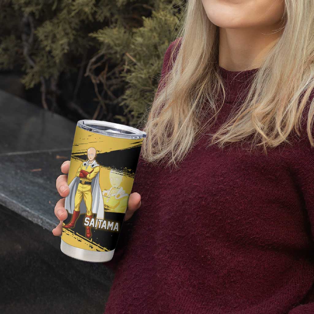 Saitama One Punch Man Anime Yellow and Black Theme Tumbler Cup with Heroic Pose and Dynamic Brushstroke Background - The Mazicc