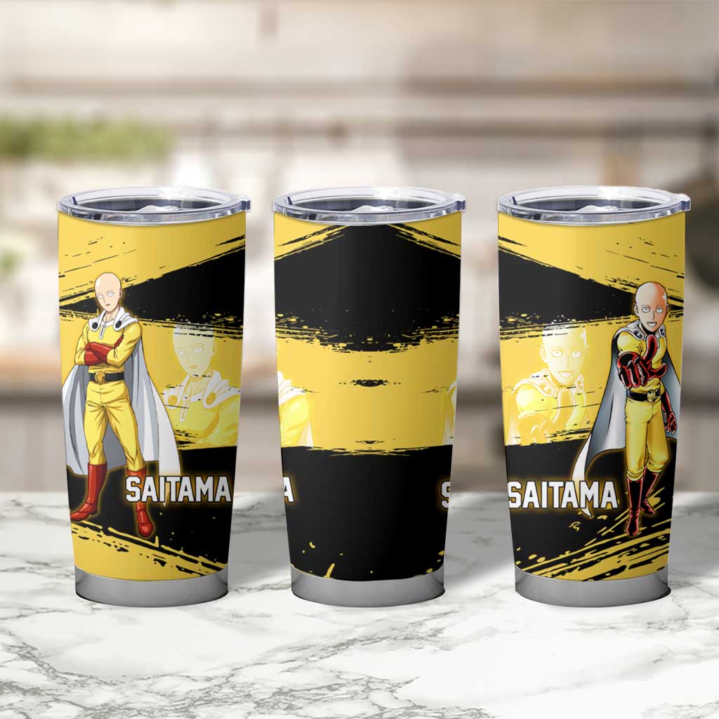 Saitama One Punch Man Anime Yellow and Black Theme Tumbler Cup with Heroic Pose and Dynamic Brushstroke Background - The Mazicc