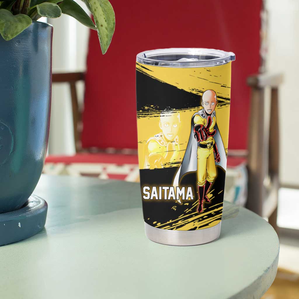 Saitama One Punch Man Anime Yellow and Black Theme Tumbler Cup with Heroic Pose and Dynamic Brushstroke Background - The Mazicc