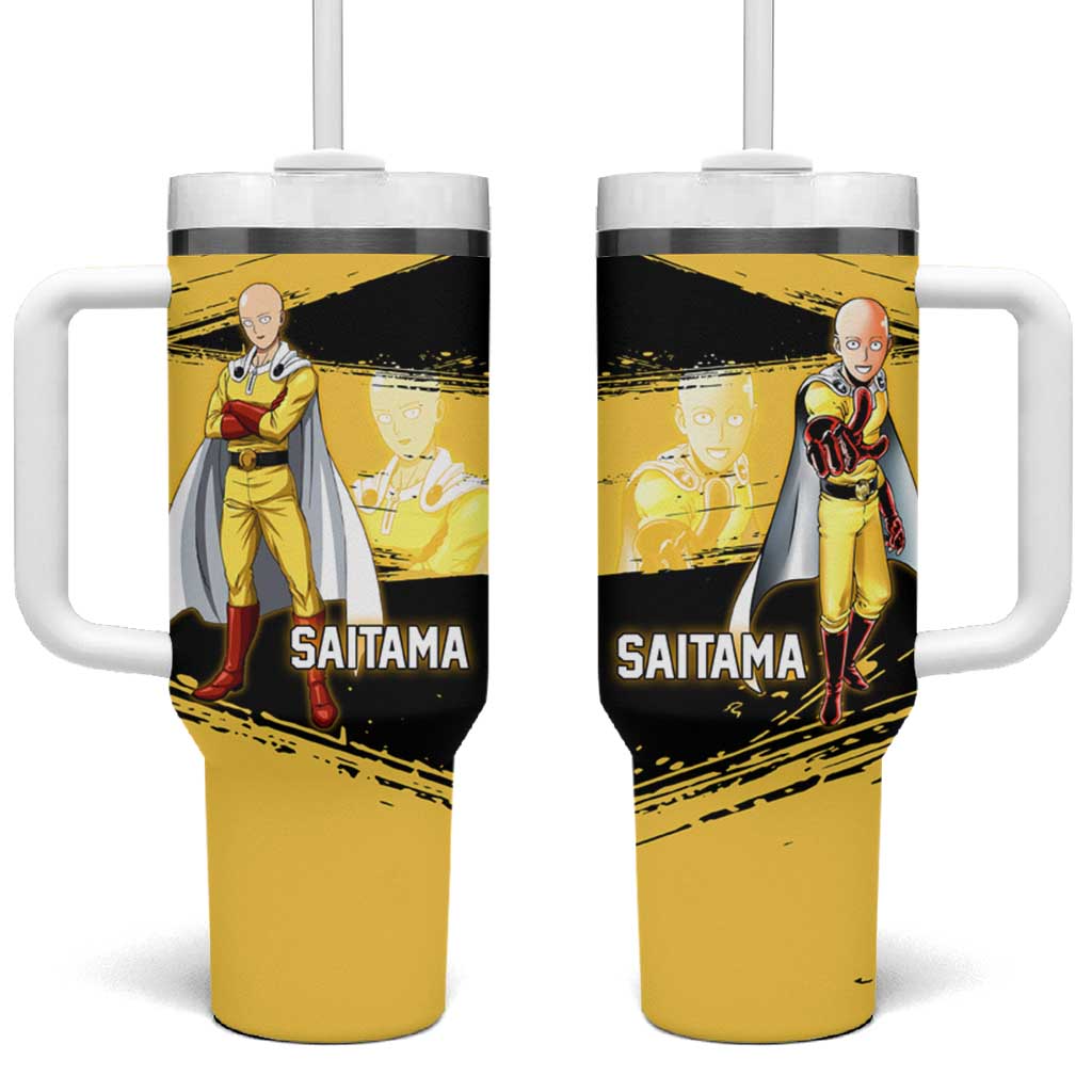 Saitama One Punch Man Anime Yellow and Black Theme Tumbler With Handle with Heroic Pose and Dynamic Brushstroke Background - The Mazicc