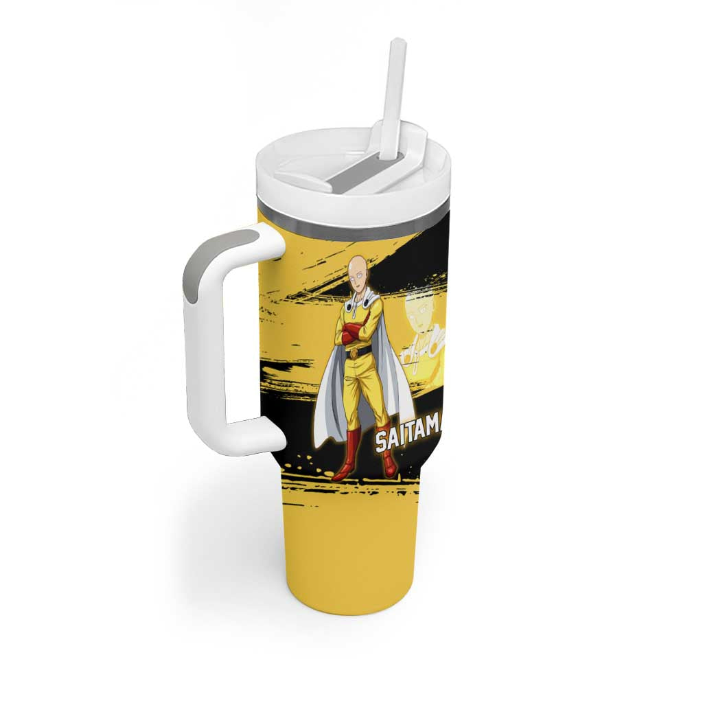 Saitama One Punch Man Anime Yellow and Black Theme Tumbler With Handle with Heroic Pose and Dynamic Brushstroke Background - The Mazicc