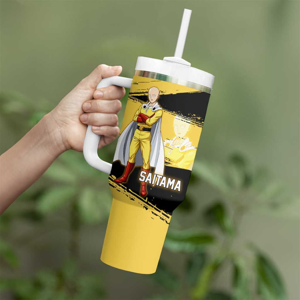 Saitama One Punch Man Anime Yellow and Black Theme Tumbler With Handle with Heroic Pose and Dynamic Brushstroke Background - The Mazicc