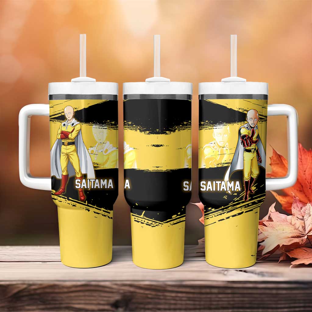 Saitama One Punch Man Anime Yellow and Black Theme Tumbler With Handle with Heroic Pose and Dynamic Brushstroke Background - The Mazicc