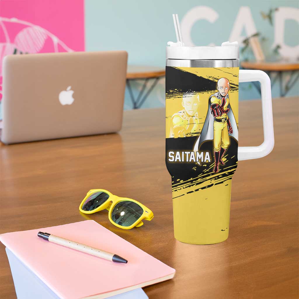 Saitama One Punch Man Anime Yellow and Black Theme Tumbler With Handle with Heroic Pose and Dynamic Brushstroke Background - The Mazicc