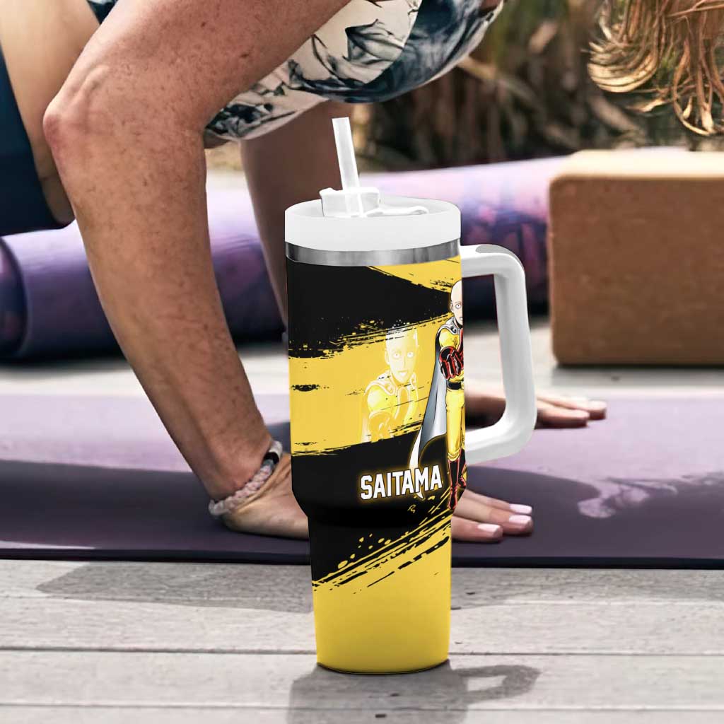 Saitama One Punch Man Anime Yellow and Black Theme Tumbler With Handle with Heroic Pose and Dynamic Brushstroke Background - The Mazicc