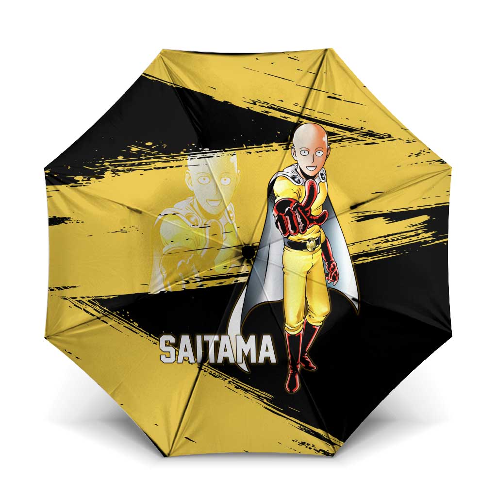 Saitama One Punch Man Anime Yellow and Black Theme Umbrella with Heroic Pose and Dynamic Brushstroke Background - The Mazicc