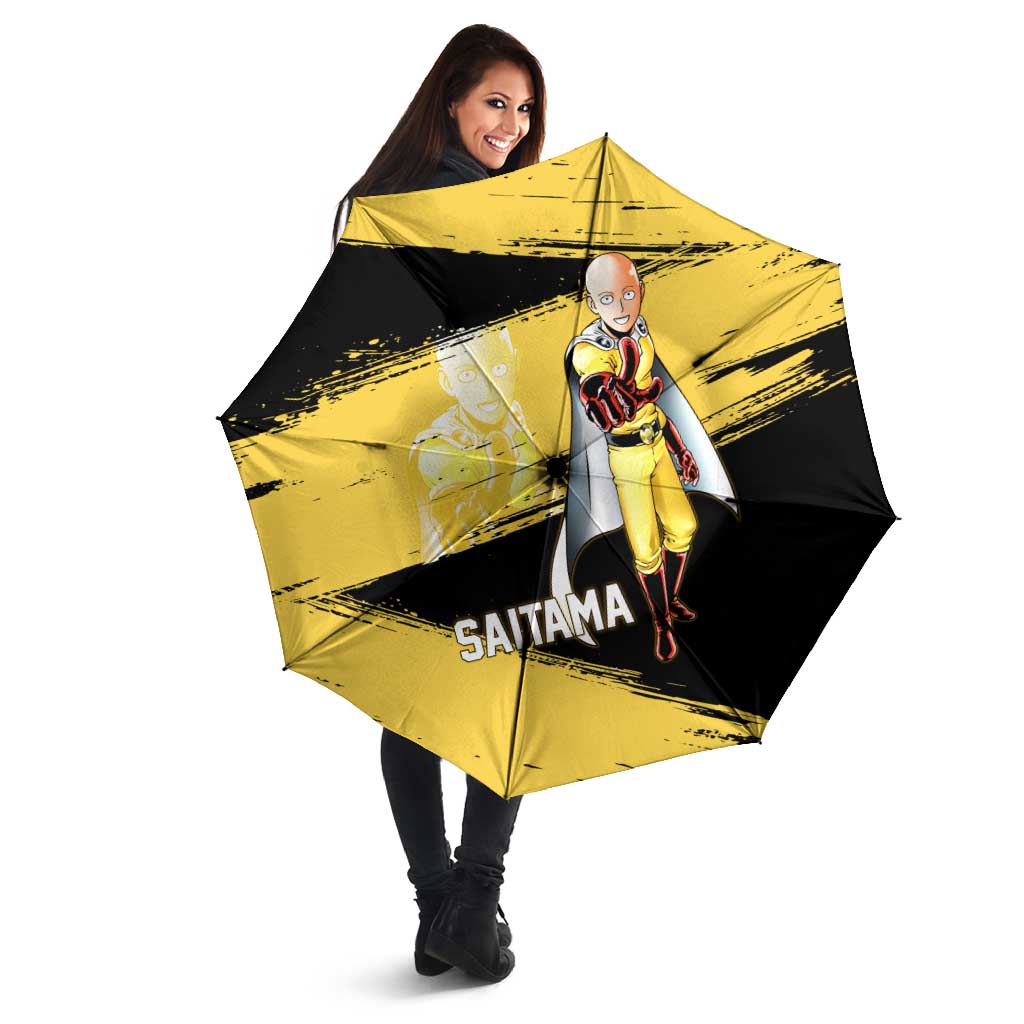Saitama One Punch Man Anime Yellow and Black Theme Umbrella with Heroic Pose and Dynamic Brushstroke Background - The Mazicc