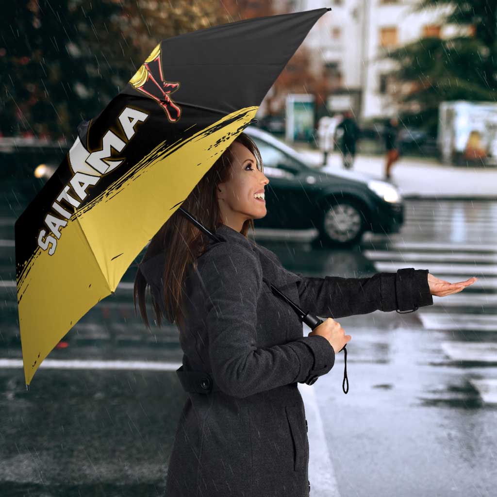 Saitama One Punch Man Anime Yellow and Black Theme Umbrella with Heroic Pose and Dynamic Brushstroke Background - The Mazicc