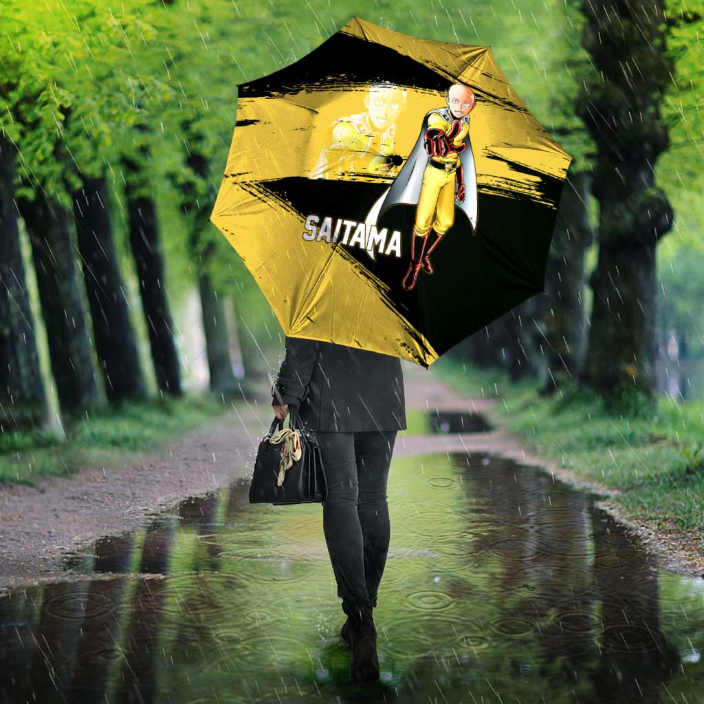 Saitama One Punch Man Anime Yellow and Black Theme Umbrella with Heroic Pose and Dynamic Brushstroke Background - The Mazicc