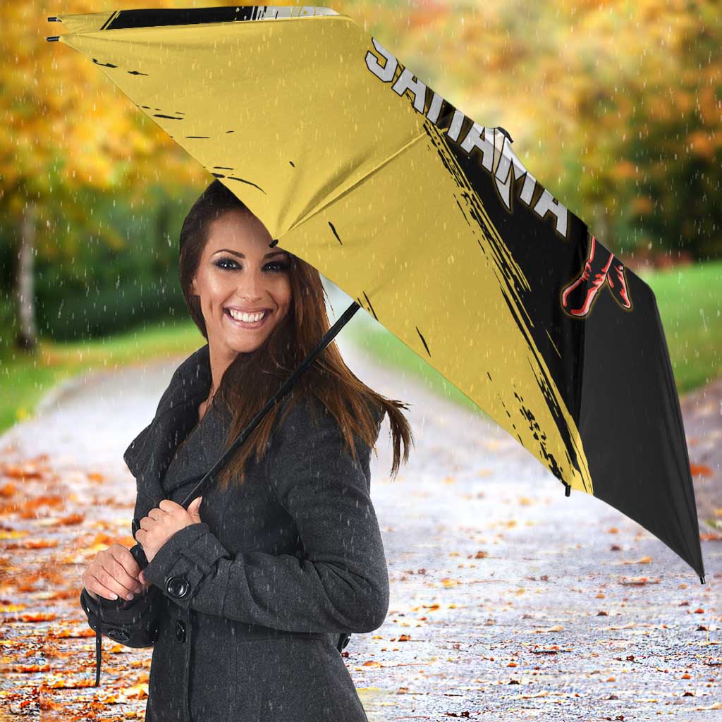 Saitama One Punch Man Anime Yellow and Black Theme Umbrella with Heroic Pose and Dynamic Brushstroke Background - The Mazicc
