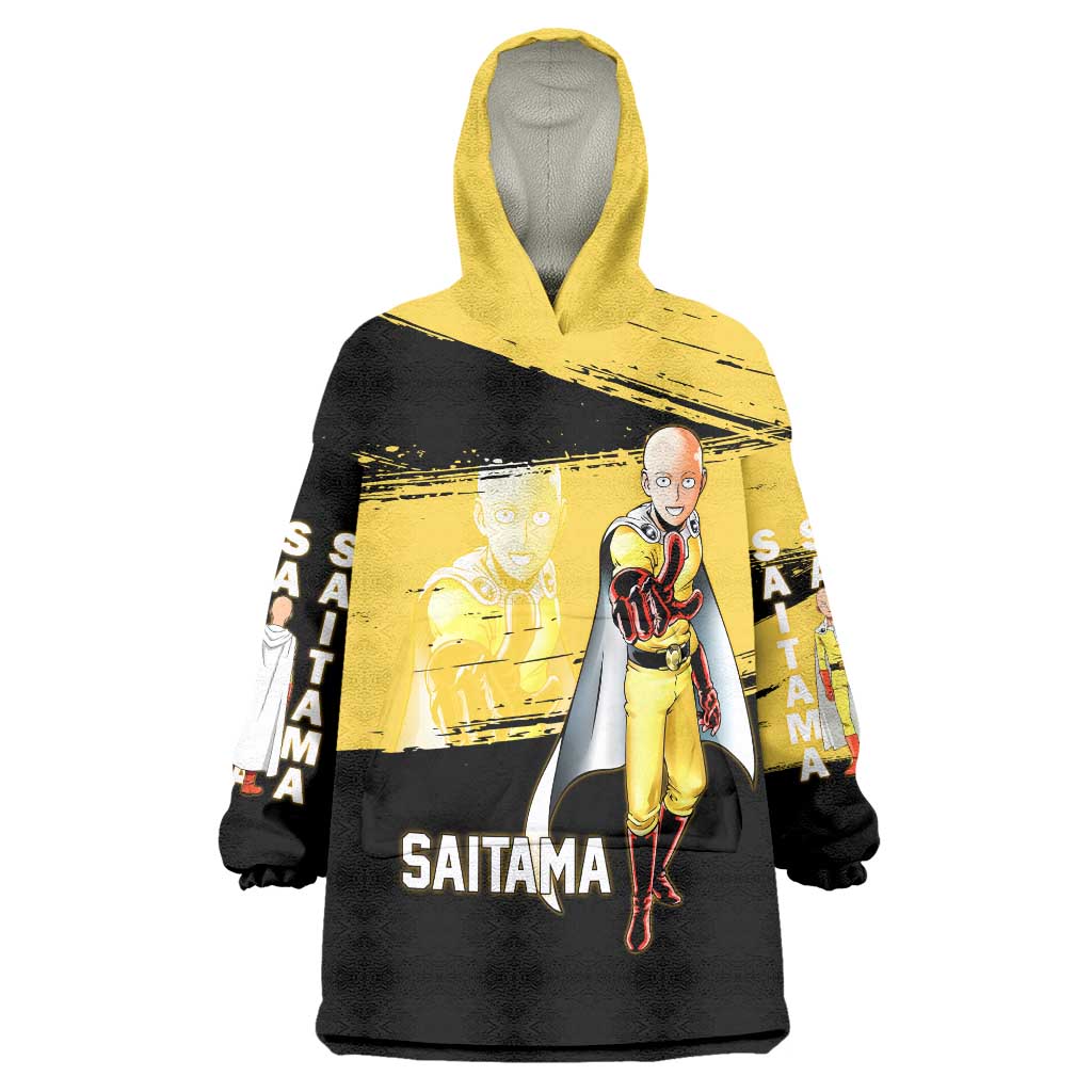 Saitama One Punch Man Anime Yellow and Black Theme Wearable Blanket Hoodie with Heroic Pose and Dynamic Brushstroke Background - The Mazicc