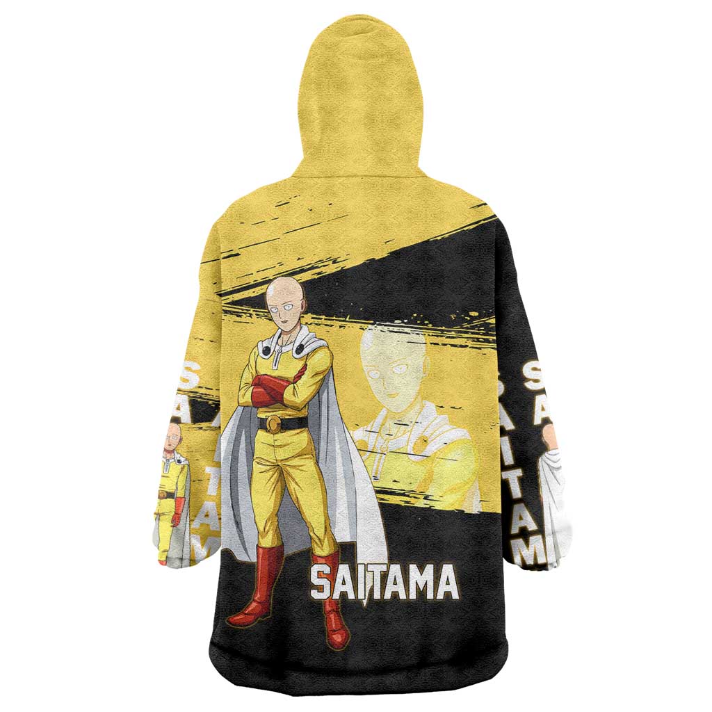 Saitama One Punch Man Anime Yellow and Black Theme Wearable Blanket Hoodie with Heroic Pose and Dynamic Brushstroke Background - The Mazicc