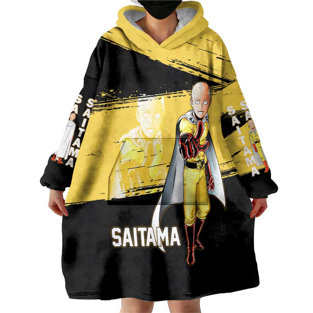 Saitama One Punch Man Anime Yellow and Black Theme Wearable Blanket Hoodie with Heroic Pose and Dynamic Brushstroke Background - The Mazicc