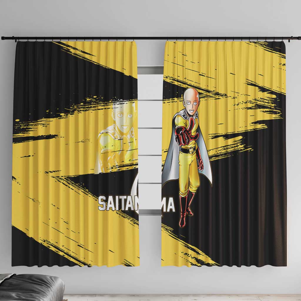 Saitama One Punch Man Anime Yellow and Black Theme Window Curtain with Heroic Pose and Dynamic Brushstroke Background - The Mazicc