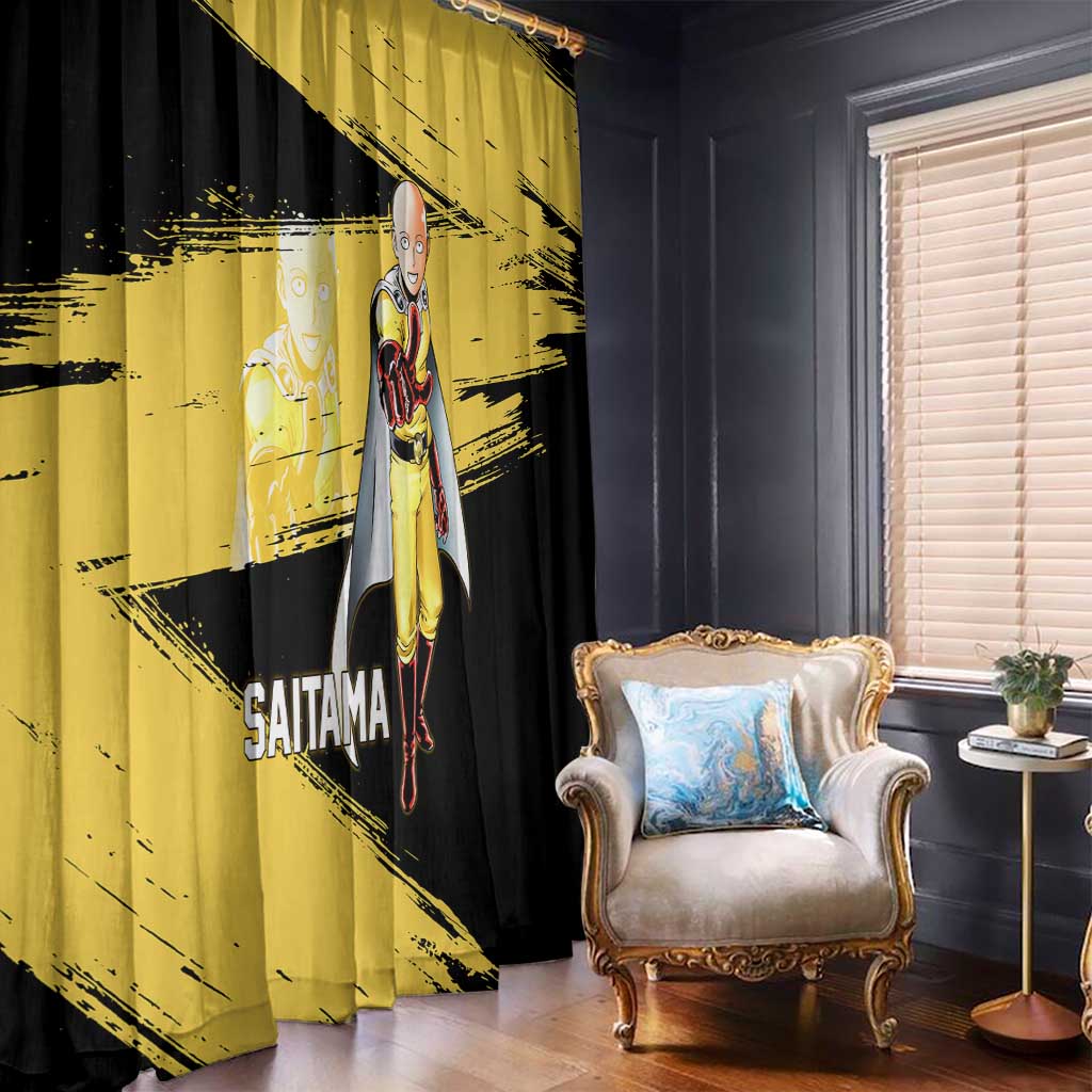 Saitama One Punch Man Anime Yellow and Black Theme Window Curtain with Heroic Pose and Dynamic Brushstroke Background - The Mazicc