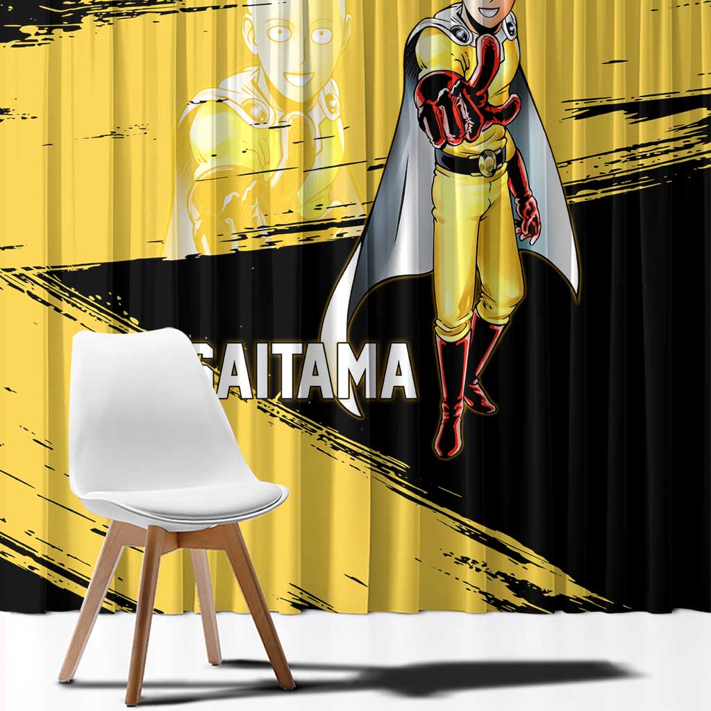 Saitama One Punch Man Anime Yellow and Black Theme Window Curtain with Heroic Pose and Dynamic Brushstroke Background - The Mazicc