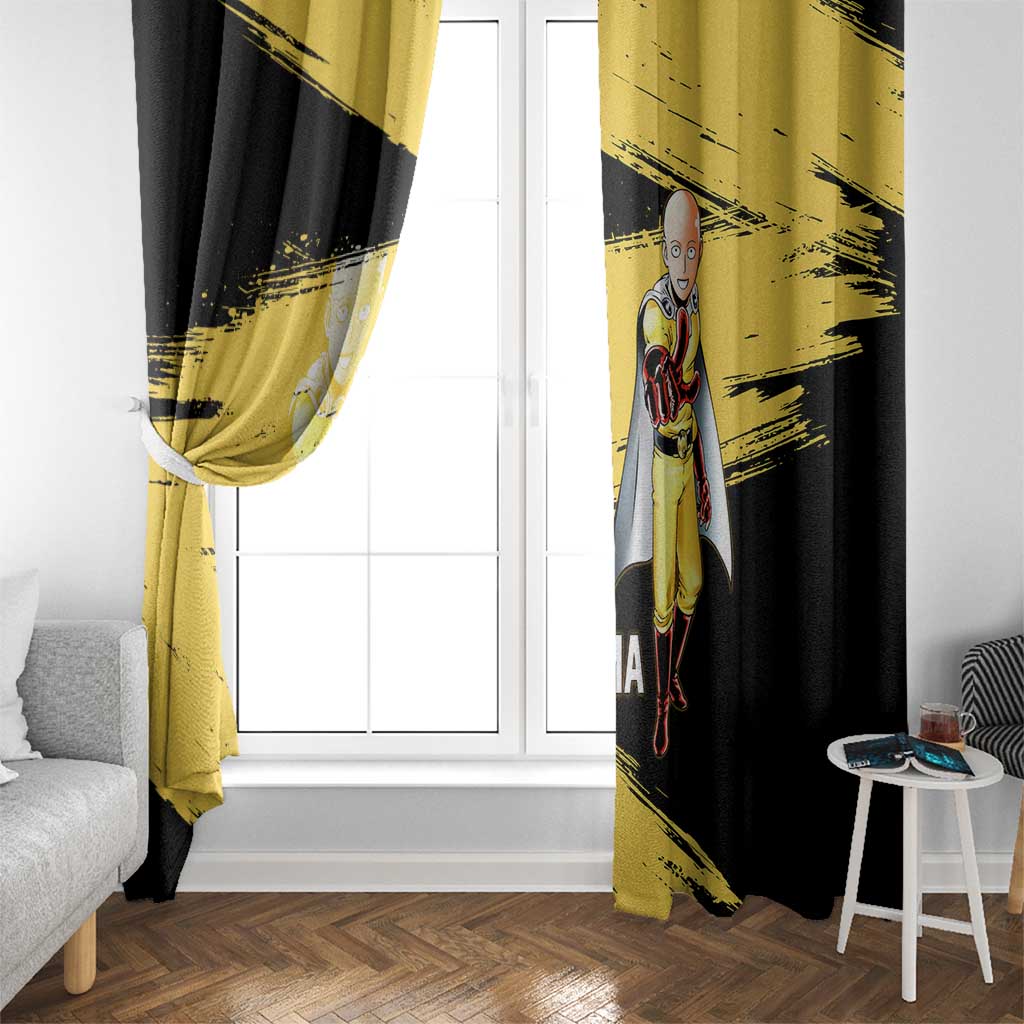 Saitama One Punch Man Anime Yellow and Black Theme Window Curtain with Heroic Pose and Dynamic Brushstroke Background - The Mazicc