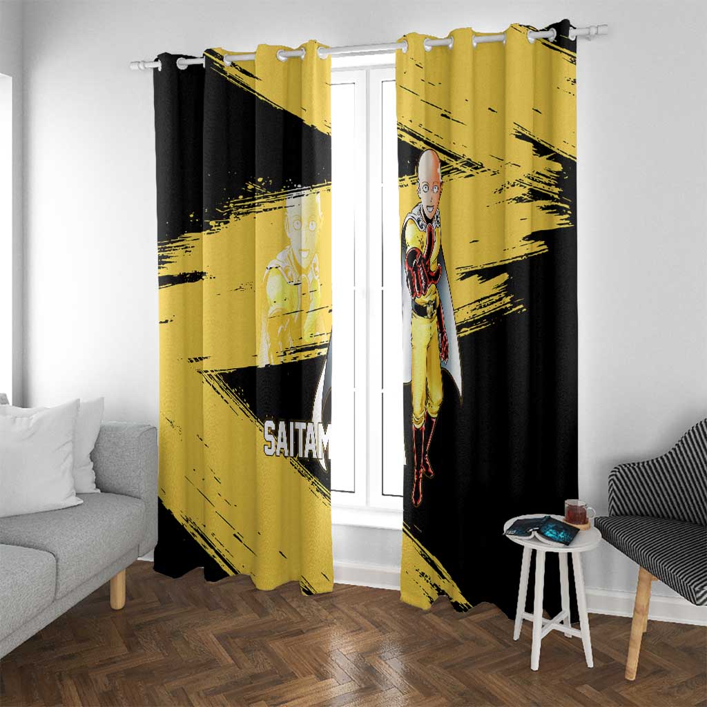 Saitama One Punch Man Anime Yellow and Black Theme Window Curtain with Heroic Pose and Dynamic Brushstroke Background - The Mazicc