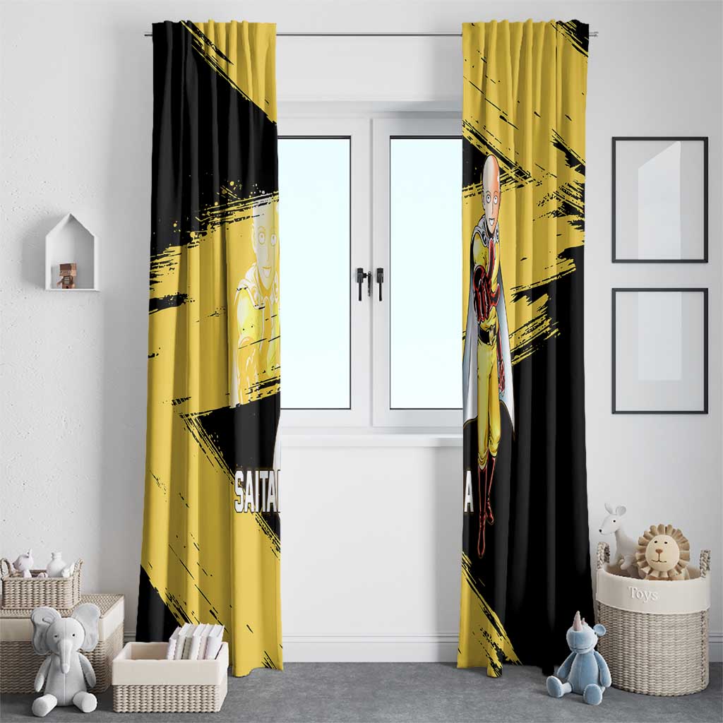 Saitama One Punch Man Anime Yellow and Black Theme Window Curtain with Heroic Pose and Dynamic Brushstroke Background - The Mazicc